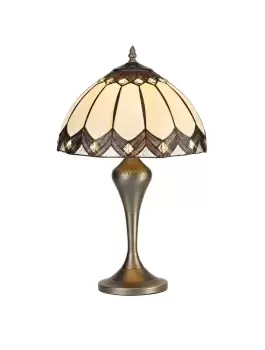 Tiffany Table Lamp, 1 x E27, Aged Antique Brass Base, Brown Glass, Clear Crystal