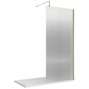 Hudson Reed Fluted Brushed Brass Profile Wet Room Screen with Support Bar 900mm Wide - 8mm Glass