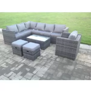 Fimous 7 Seater Outdoor Dark Grey Mixed Rattan Corner Sofa Set with Oblong Coffee Table and 2 Stools