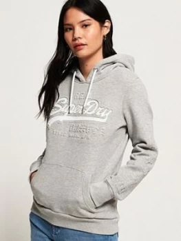 Superdry Vintage Logo Linear Embossed Hoodie - Light Grey , Light Grey, Size 6, Women