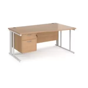 Office Desk Right Hand Wave Desk 1600mm With Pedestal Beech Top With White Frame Maestro 25 MCM16WRP2WHB