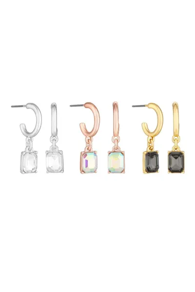 Tri Tone Crystal And Jet Huggie Hoop Earrings - Pack of 3