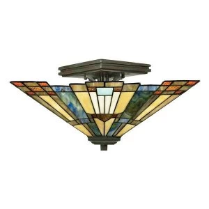 2 Light Tiffany Semi Flush Ceiling Light Bronze, E27