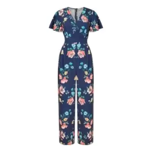 Yumi Navy Floral Angel Sleeve Jumpsuit - Blue