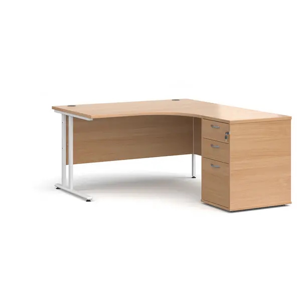 Maestro 25 Right Hand Ergonomic Office Desk 1400mm with White Cantilever Frame and Office Desk High Pedestal - Beech