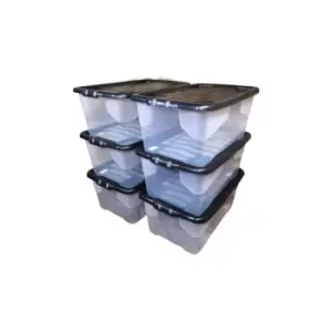 Samuel Alexander - 6 x 42L Clear Storage Box with Black Lid, Stackable and Nestable Design Storage Solution