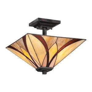 2 Light Semi Flush Ceiling Lamp Bronze, Tiffany Glass, E27