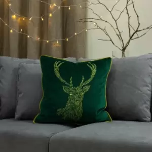 Furn Forest Fauna Stag Embroidered Faux Velvet Piped Cushion Cover, Emerald/Gold, 50 x 50 Cm