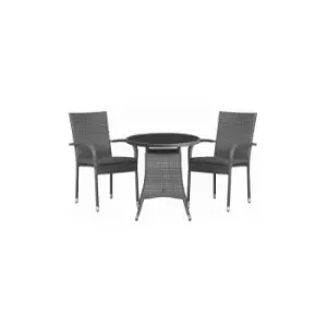 MALAGA 2 Seater Stacking Bistro Set 70cm Round Table with Black Glass Top, 2 Stacking Chairs including Cushions