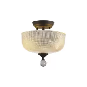 Dresden 2 Light Semi Flush Ceiling Lamp E27 With Round 26.5cm Prismatic Effect Glass Shade Graphite, Clear