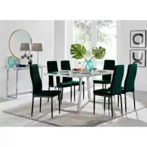 Furniture Box Kylo White Marble Effect Dining Table and 6 Green Velvet Milan Black Leg Chairs