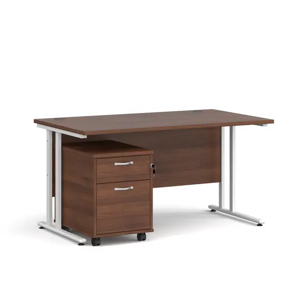 Maestro 25 Straight Desk with White Cantilever Frame and 2 Drawer Pedestal - Walnut - 1400mm x 800mm