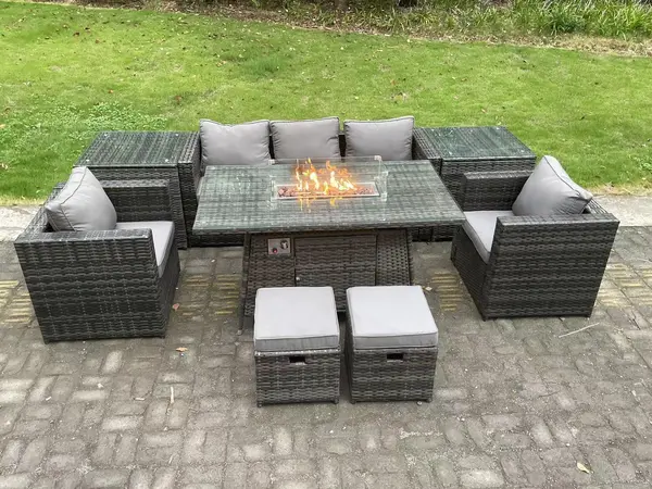 Fimous 5 Seater Outdoor Dark Grey PE Rattan Lounge Sofa Complete Set with Gas Fire Pit Dining Table, 2 Side Coffee Tables and 2 Stools