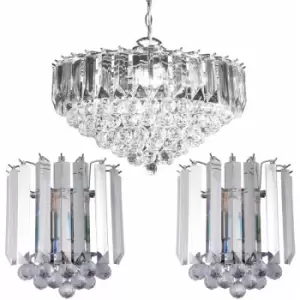 6 Lamp Ceiling & 2x Matching Wall Light Pack Large Chrome Pendant Acrylic Shade