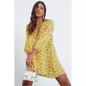 I Saw It First Yellow Woven Floral Print Puff Sleeve Skater Dress - Yellow