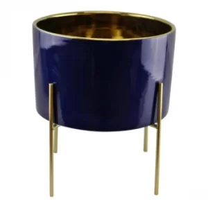 Navy Blue Large Ceramic Gold Lined Planter With Stand