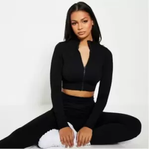 I Saw It First Seamless High Neck Zip Front Crop Top - Black