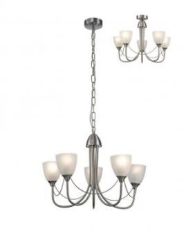 Ceiling 5 Light Ceiling Pendant, Semi Flush Convertible E14 Satin Nickel, Opal Glass