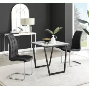 Furniturebox Carson White Marble Effect Square Dining Table & 2 Black Murano Faux Leather Chairs