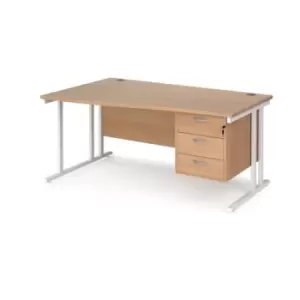 Office Desk Left Hand Wave Desk 1600mm With Pedestal Beech Top With White Frame Maestro 25 MC16WLP3WHB