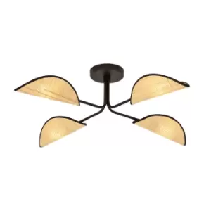 Gomez Black Rattan Design Multi Arm Semi Flush Ceiling light with Brown Fabric Shades, 4x E14