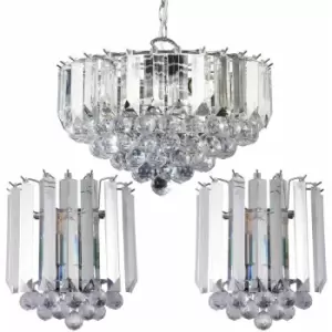 3 Lamp Ceiling & 2x Matching Wall Light Pack Small Chrome Pendant Acrylic Shade