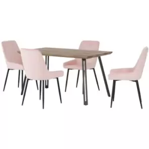 Seconique - Quebec Straight Edge Dining Set Medium Oak Effect with Pink Velvet Chairs