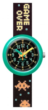 Flik Flak TIME INVADER Black Patten Fabric Strap Black Watch