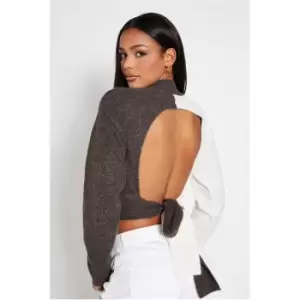 I Saw It First Recycled Colour Block Jumper With Tie Back - Brown