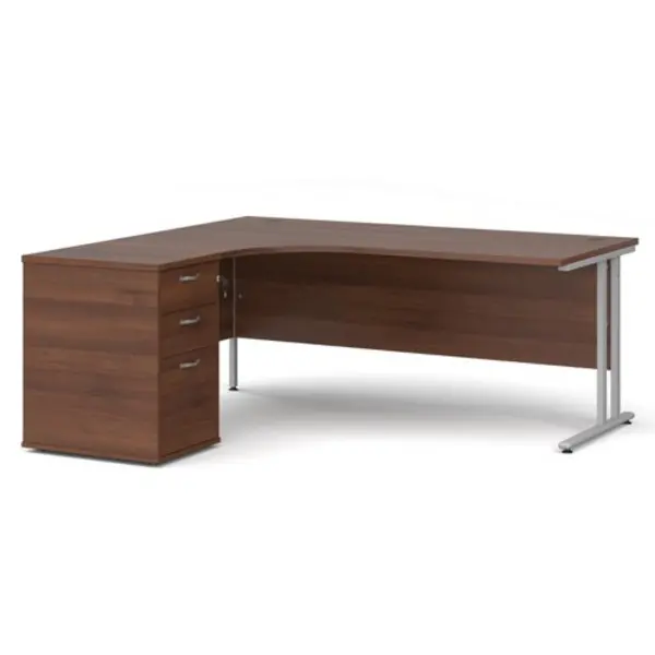 Office Desk Left Hand Corner Desk 1800mm With Pedestal Walnut Top With Silver Frame Maestro 25