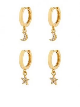 Accessorize Z 2x Star And Moon Huggie Charm Hoop Earrings - Gold, Women