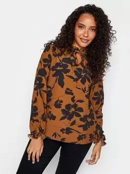 M&Co Floral Tie Neck Blouse - Brown, Size 14, Women