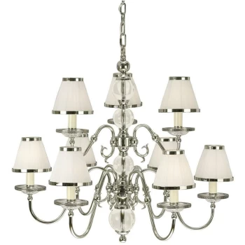 Interiors 1900 Lighting - Interiors Tilburg Nickel - 9 Light Multi Arm Chandelier Polished Nickel Plate & Crystal Finish, E14