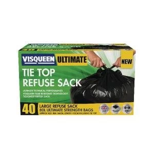 Visqueen Ultimate Tie Top Refuse Sack 80 Litre Black Pack of 40
