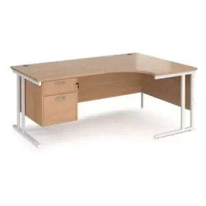 Office Desk Right Hand Corner Desk 1800mm With Pedestal Beech Top With White Frame 1200mm Depth Maestro 25 MC18ERP2WHB