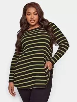 Yours Long Sleeve Rib Swing Stripe Top. Black/chartreuse, Black, Size 26-28, Women