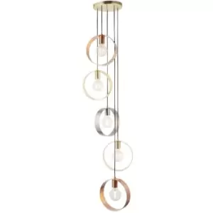 5 Bulb Multi Light Hanging Ceiling Pendant Brushed Copper Nickel & Brass Hoops