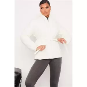 I Saw It First White Padded Jacket With Shawl Collar And Belt - White