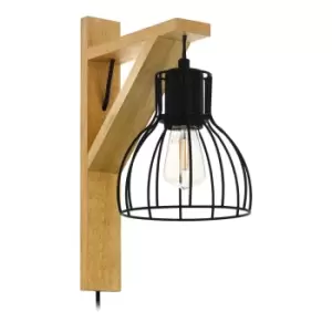 LED Wall Light / Sconce Natural Wood & Black Wire Hangman 1 x 40W E27 Bulb