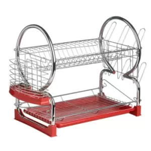 Premier Housewares 2-Tier Dish Drainer - Chrome & Red