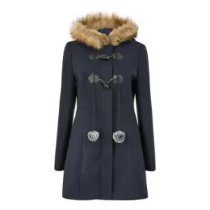 Yumi Navy Duffle Coat With Fur Trim Hood - Blue