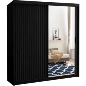 Wave Sliding Mirror Door wardrobe with Adjustable Shelves & Hanging Rails Black - 150cm - Black