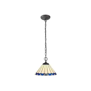 2 Light Downlighter Ceiling Pendant E27 With 30cm Tiffany Shade, Blue, Crystal, Aged Antique Brass