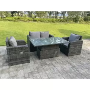 Fimous 4 Seater Outdoor Dark Grey Rattan Lounge Complete Sofa Set with Adjustable Dining Table, Love Sofa, and Reclining Chairs