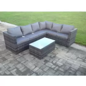 Fimous 6 Seater Outdoor Dark Grey Rattan Lounge Complete Sofa Set with Rectangular Oblong Coffee Table and Cushions