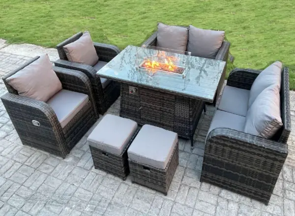 Fimous 6 Seater Outdoor Dark Grey Rattan Lounge Complete Sofa Set with Gas Fire Pit Dining Table and 2 Stools