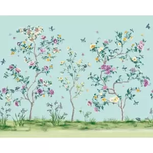 Oriental Flower Tree Blue Wall Mural - 3m x 2.4m