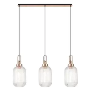 Luminosa Linear 3 Light Pendant E27 With 20cm Tubular Ribbed Glass, Clear Copper, Matt Black