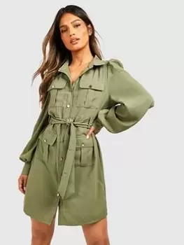 Boohoo Utility Pocket Shirt Dress - Khaki, Green, Size 8, Women