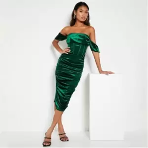 I Saw It First Velvet Corset Drape Shoulder Midi Dress - Green